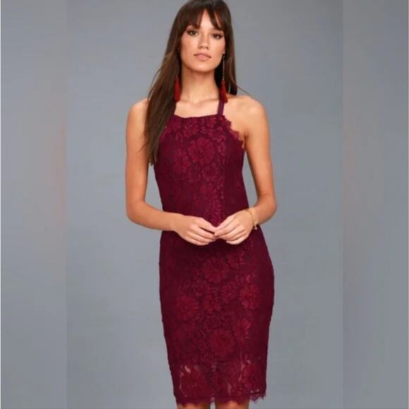 Lulus Wishful Wanderings Burgundy Lace Bodycon Midi Dress - Picture 1 of 7